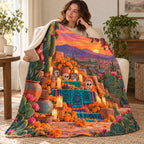 Desert Ofrenda blanket, wrapped around a reader