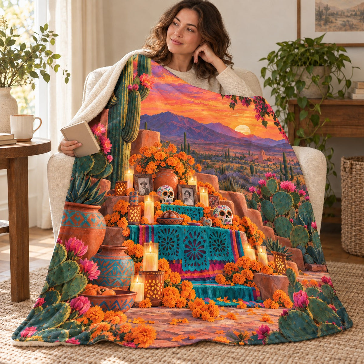 Desert Ofrenda blanket, wrapped around a reader
