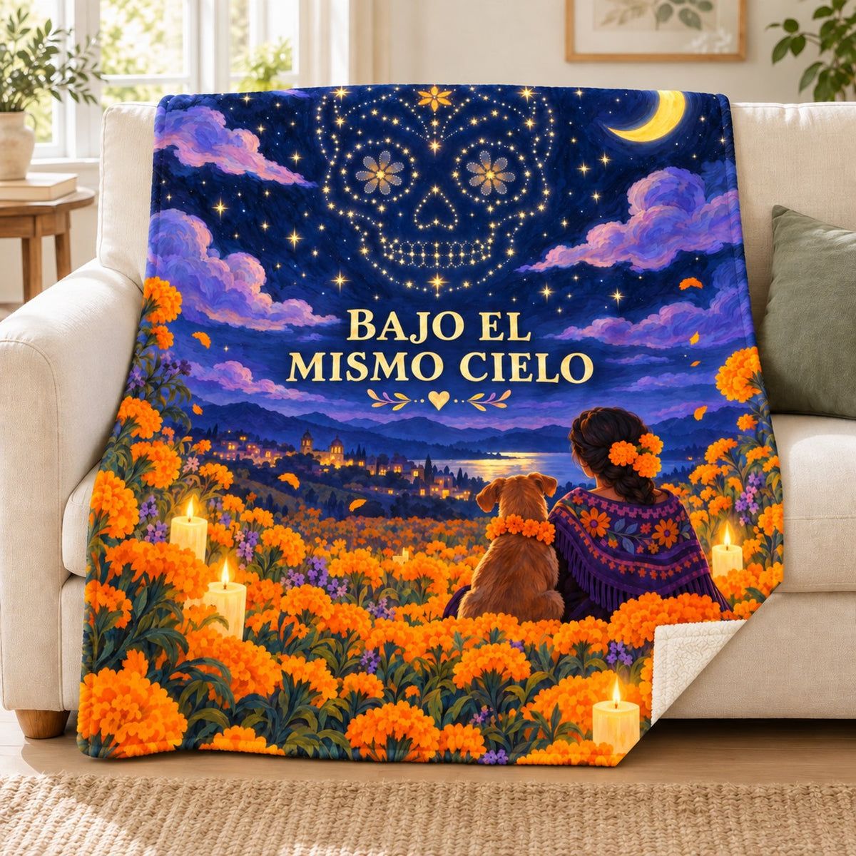 Bajo el Mismo Cielo blanket, on a sofa