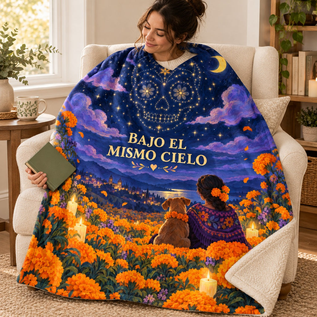 Bajo el Mismo Cielo blanket, wrapped around a reader