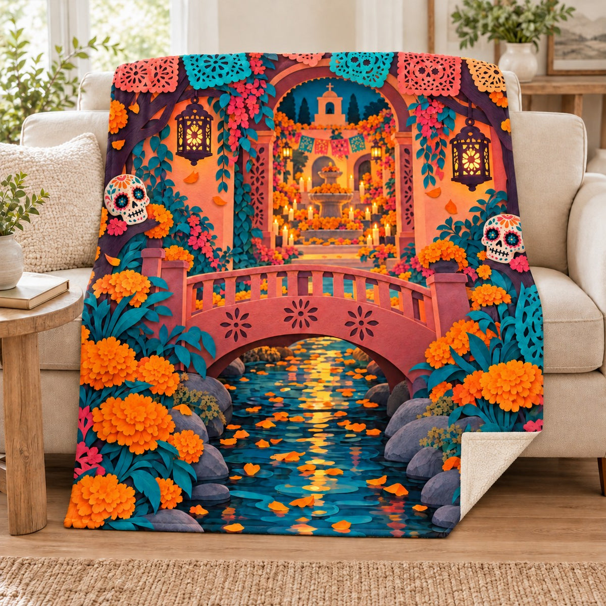 Papel Picado Bridge blanket, on a sofa