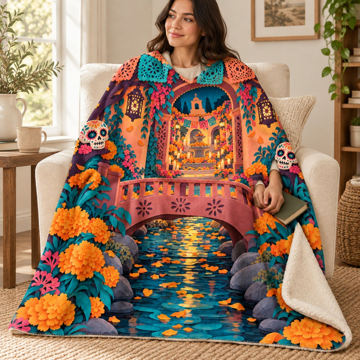 Papel Picado Bridge blanket, wrapped around a reader