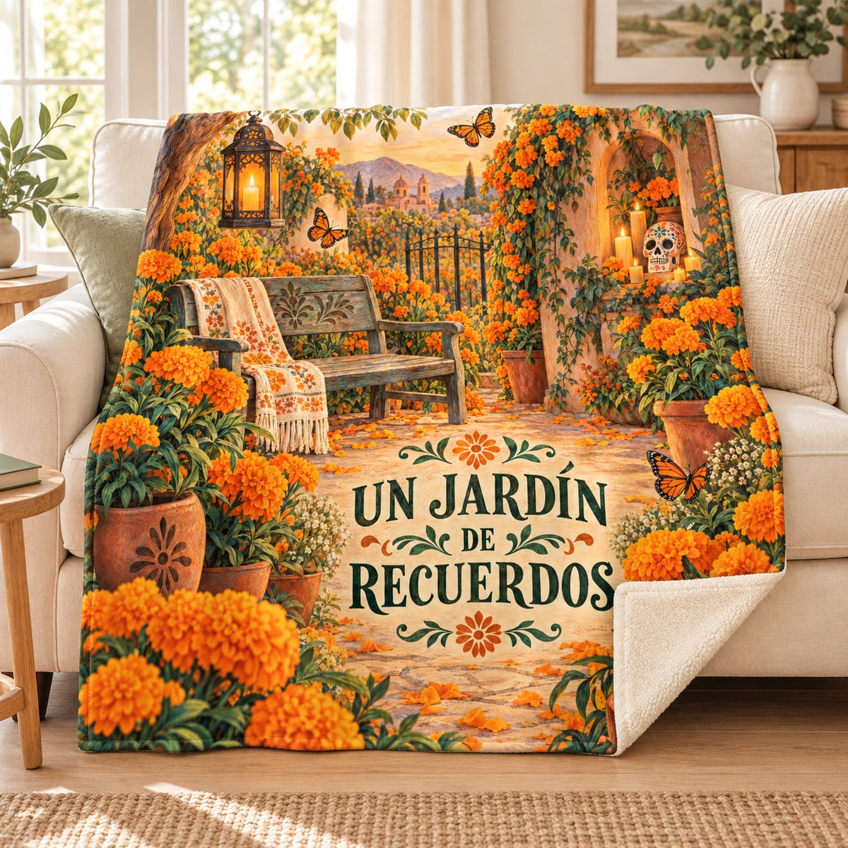 Un Jardín de Recuerdos blanket, on a sofa