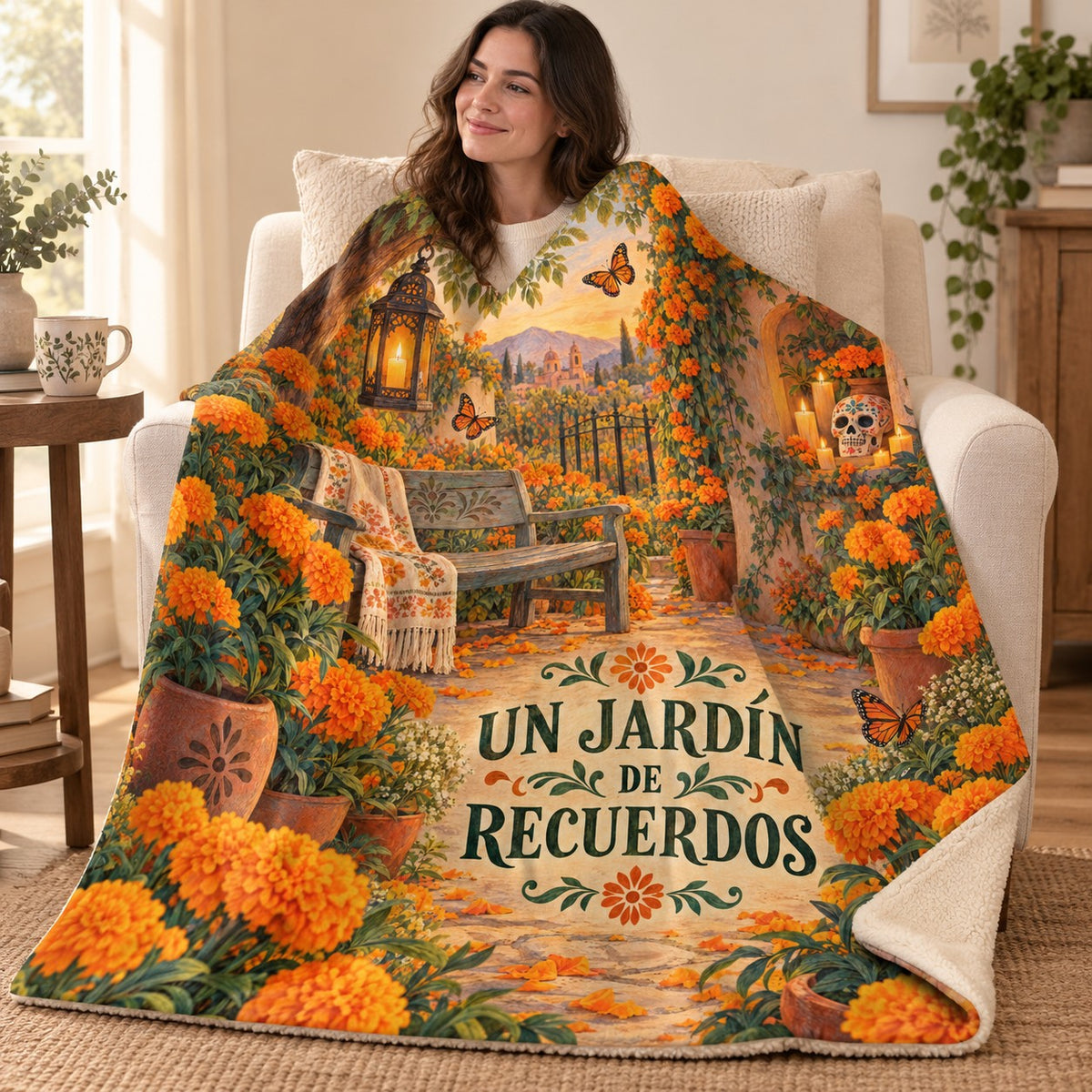 Un Jardín de Recuerdos blanket, wrapped around a reader
