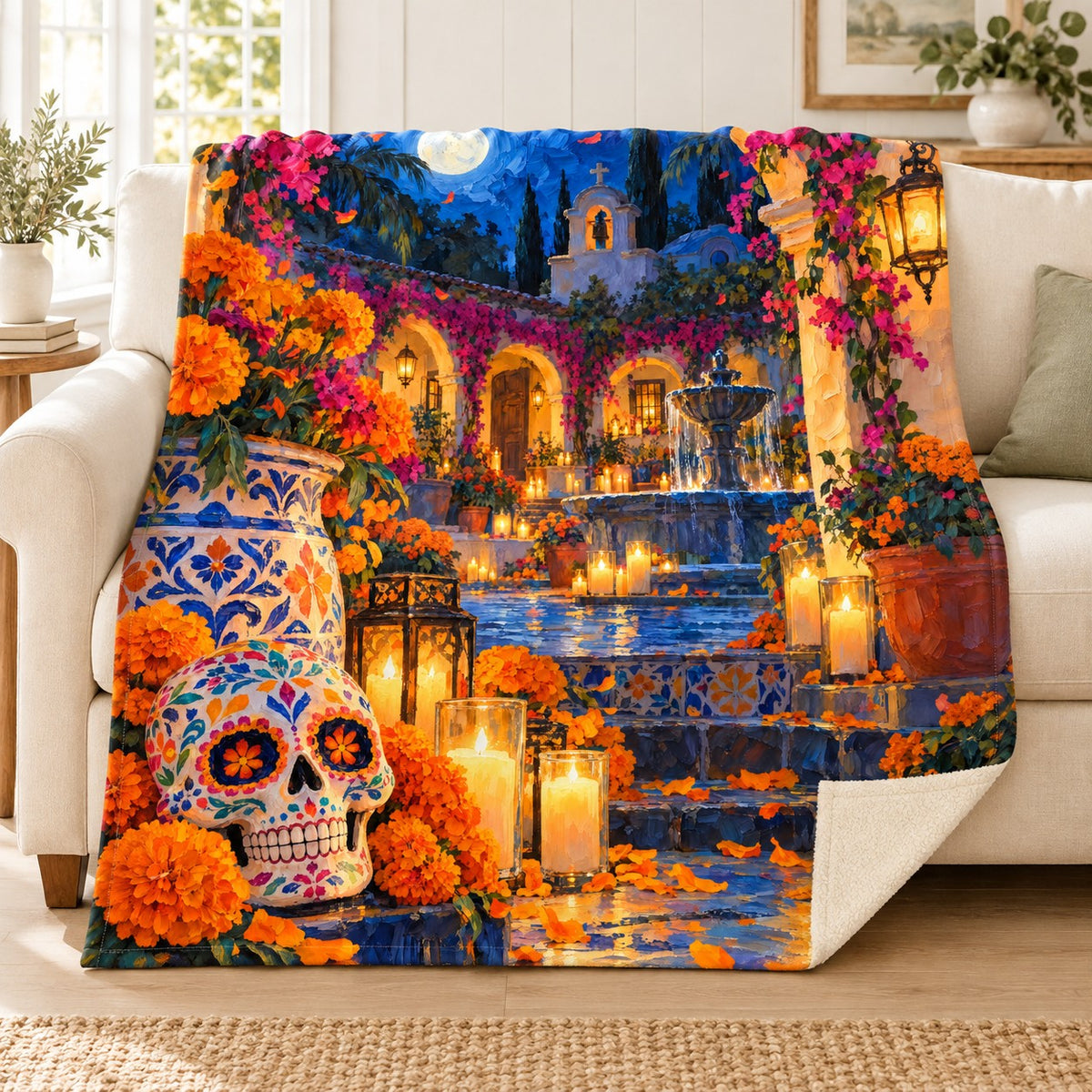 Courtyard Fountain blanket, on a sofa