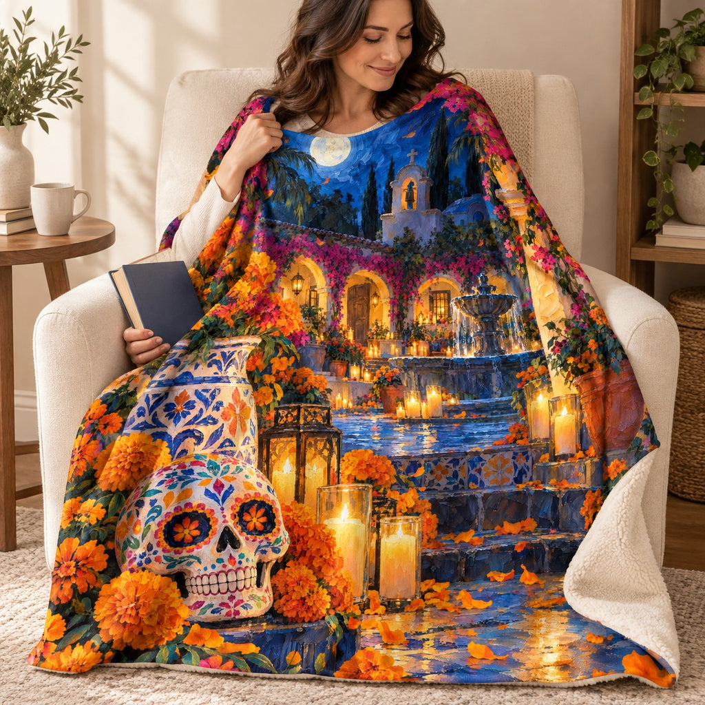 Courtyard Fountain blanket, wrapped around a reader