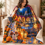 Courtyard Fountain blanket, wrapped around a reader