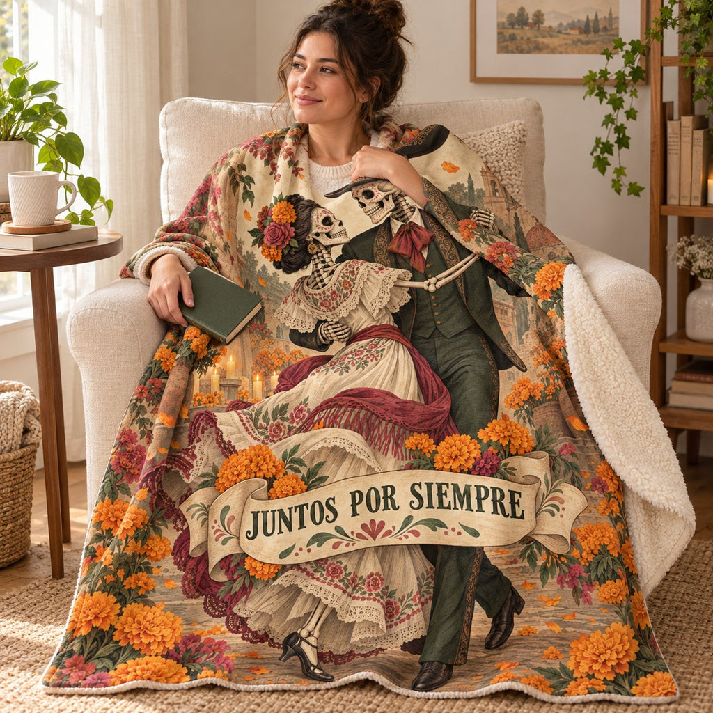 Juntos por Siempre blanket, wrapped around a reader