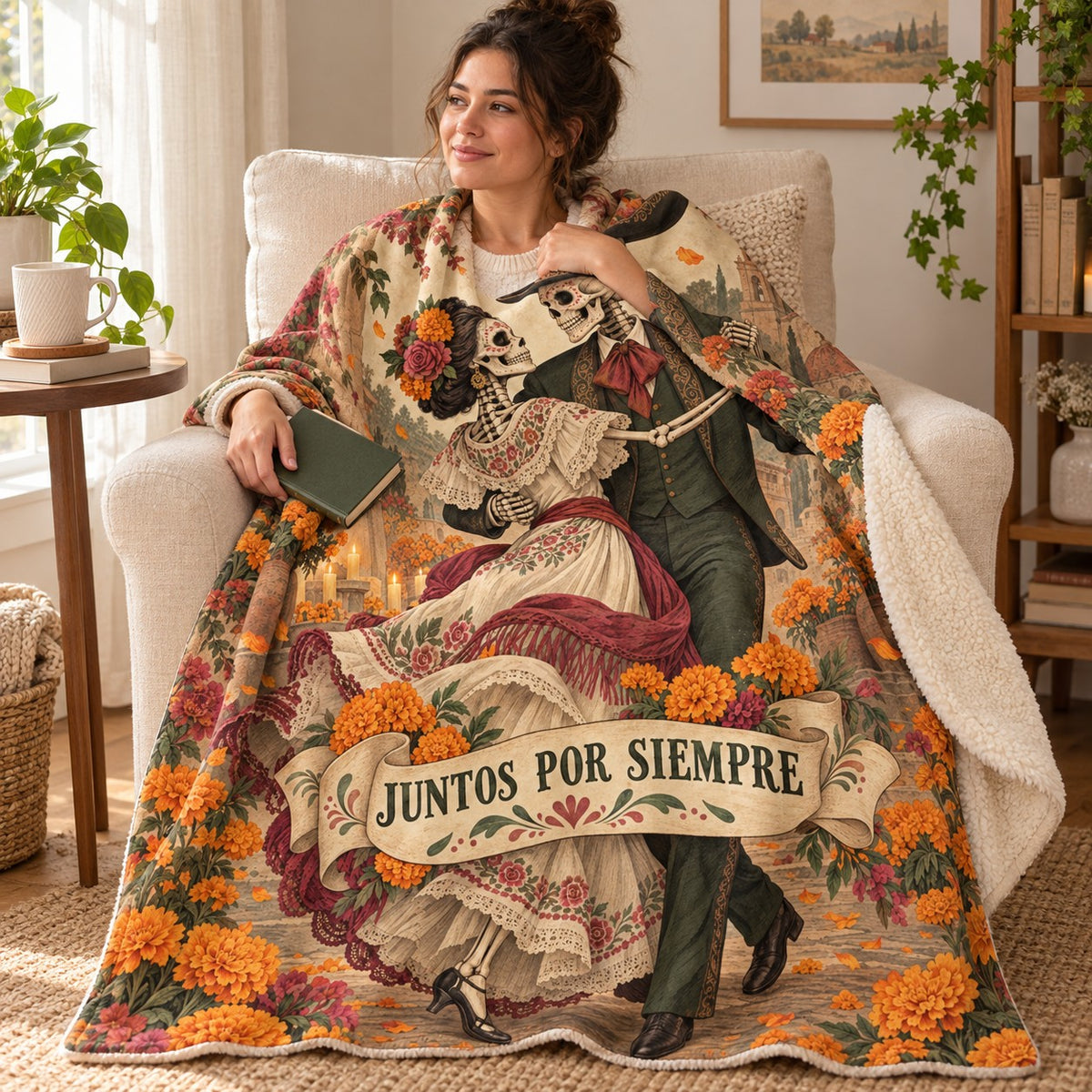 Juntos por Siempre blanket, wrapped around a reader
