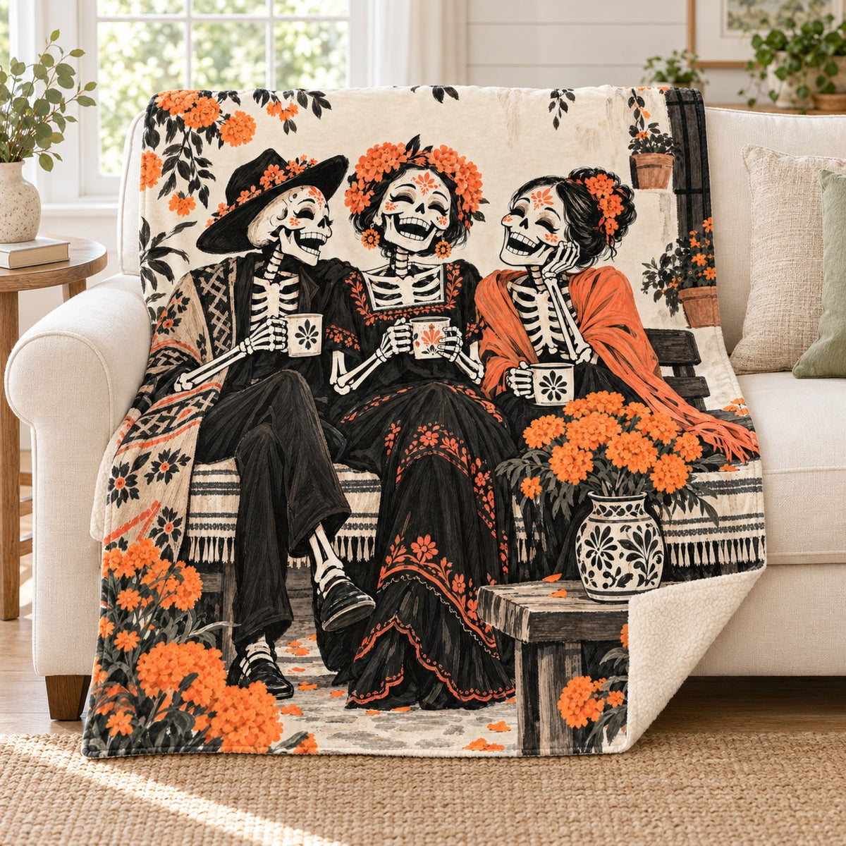 Three Friends blanket, on a sofa