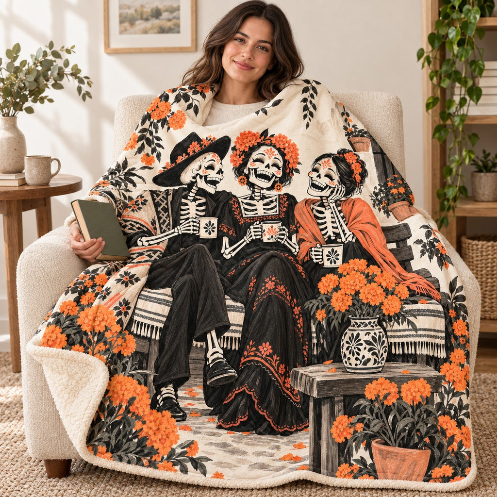 Three Friends blanket, wrapped around a reader