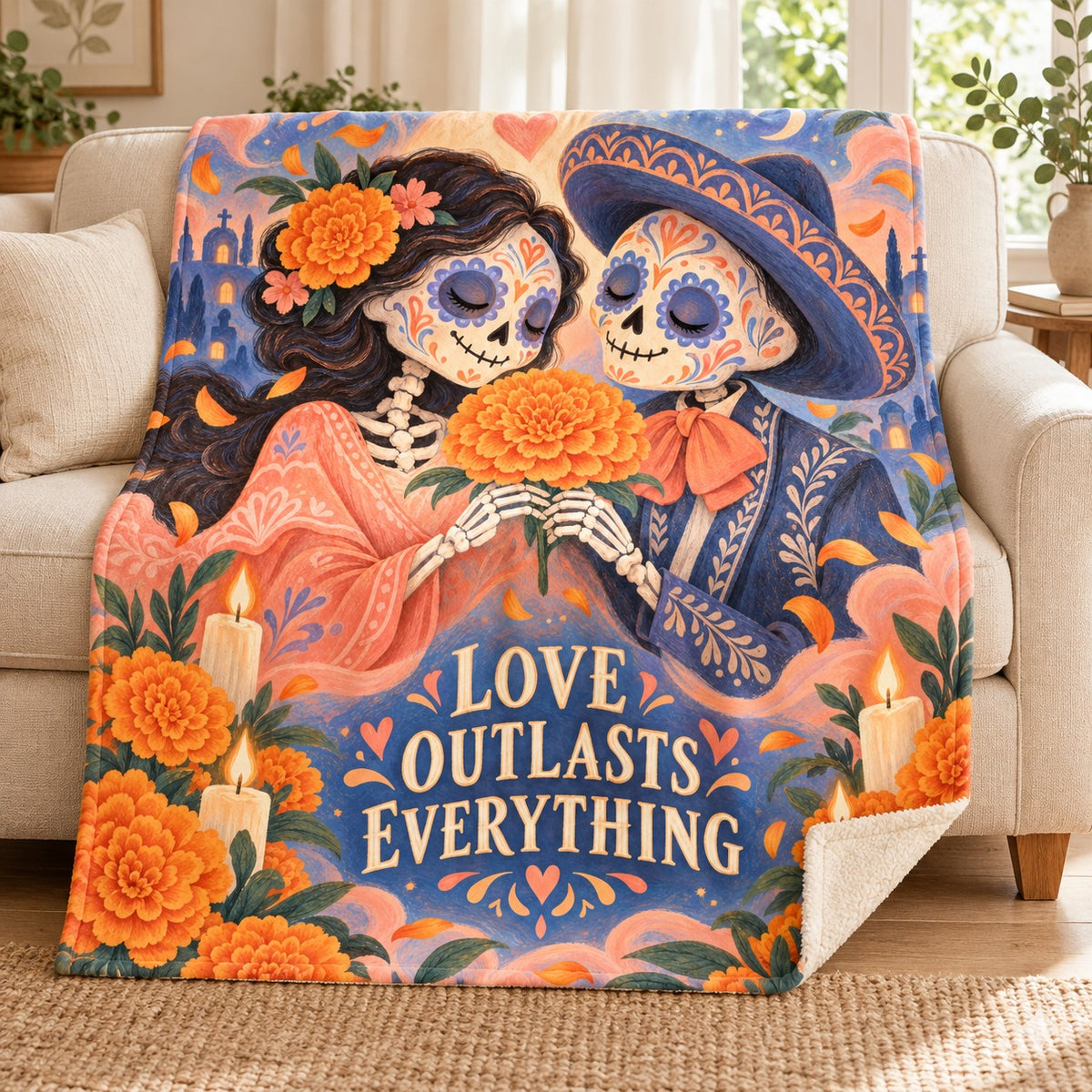 Love Outlasts Everything blanket, on a sofa