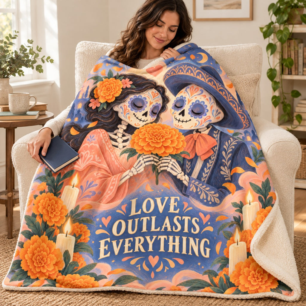Love Outlasts Everything blanket, wrapped around a reader