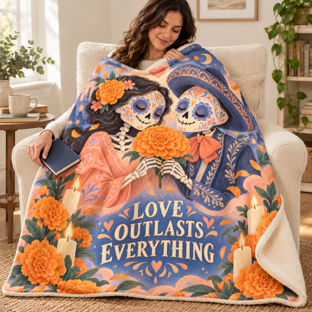 Love Outlasts Everything blanket, wrapped around a reader
