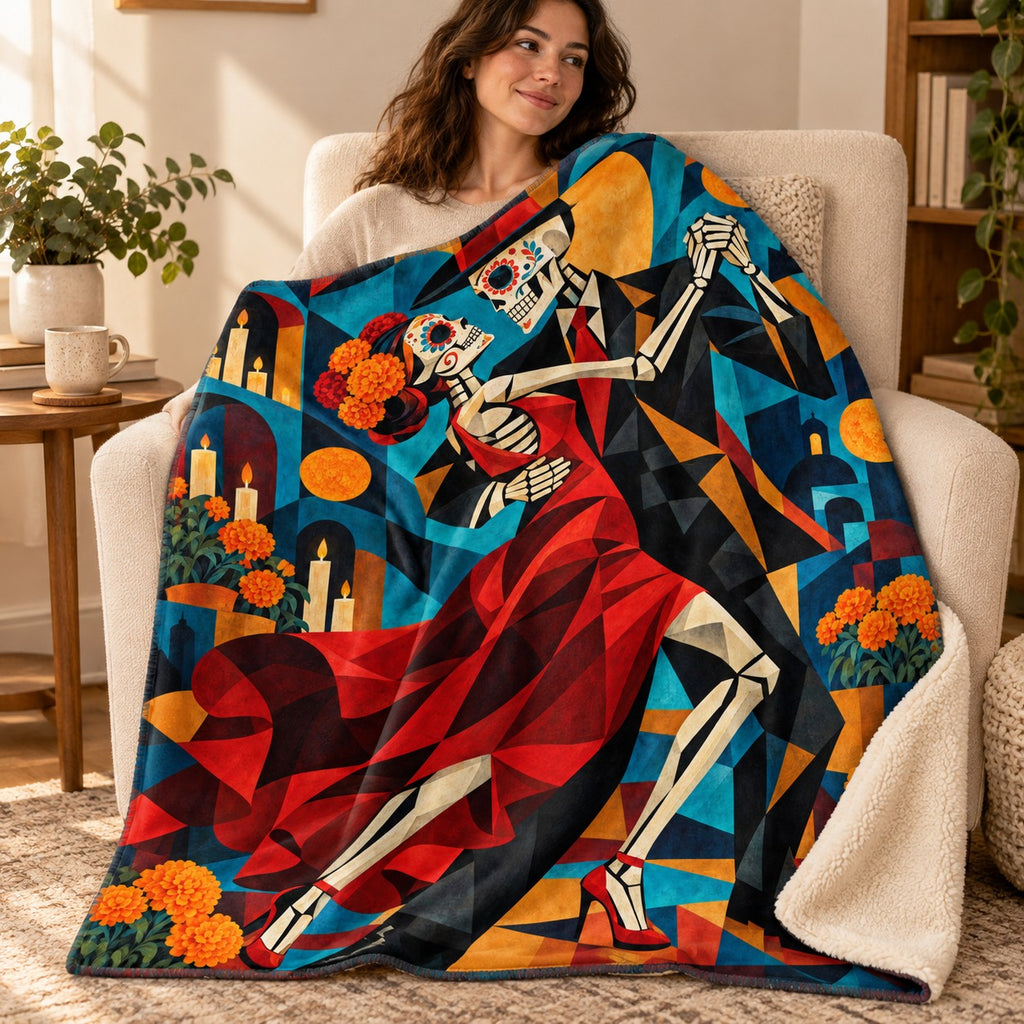 Cubist Tango blanket, wrapped around a reader