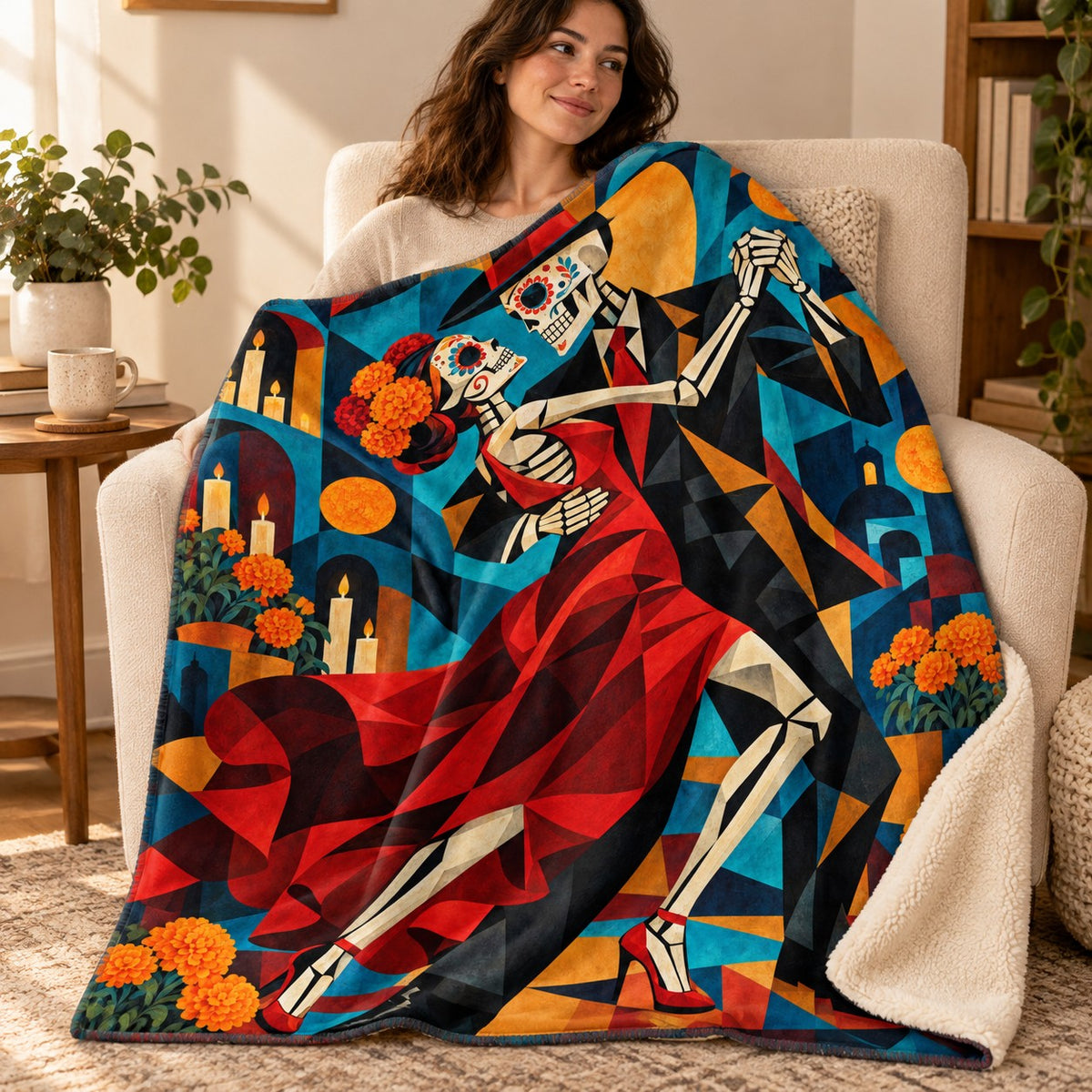 Cubist Tango blanket, wrapped around a reader