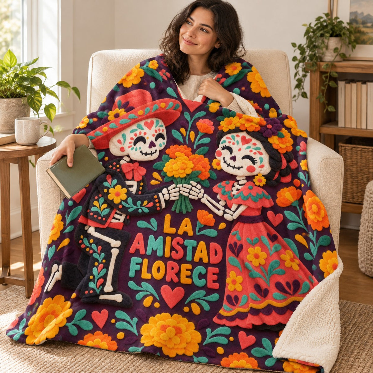 La Amistad Florece blanket, wrapped around a reader