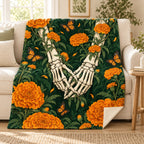 Hands Among Marigolds blanket, on a sofa