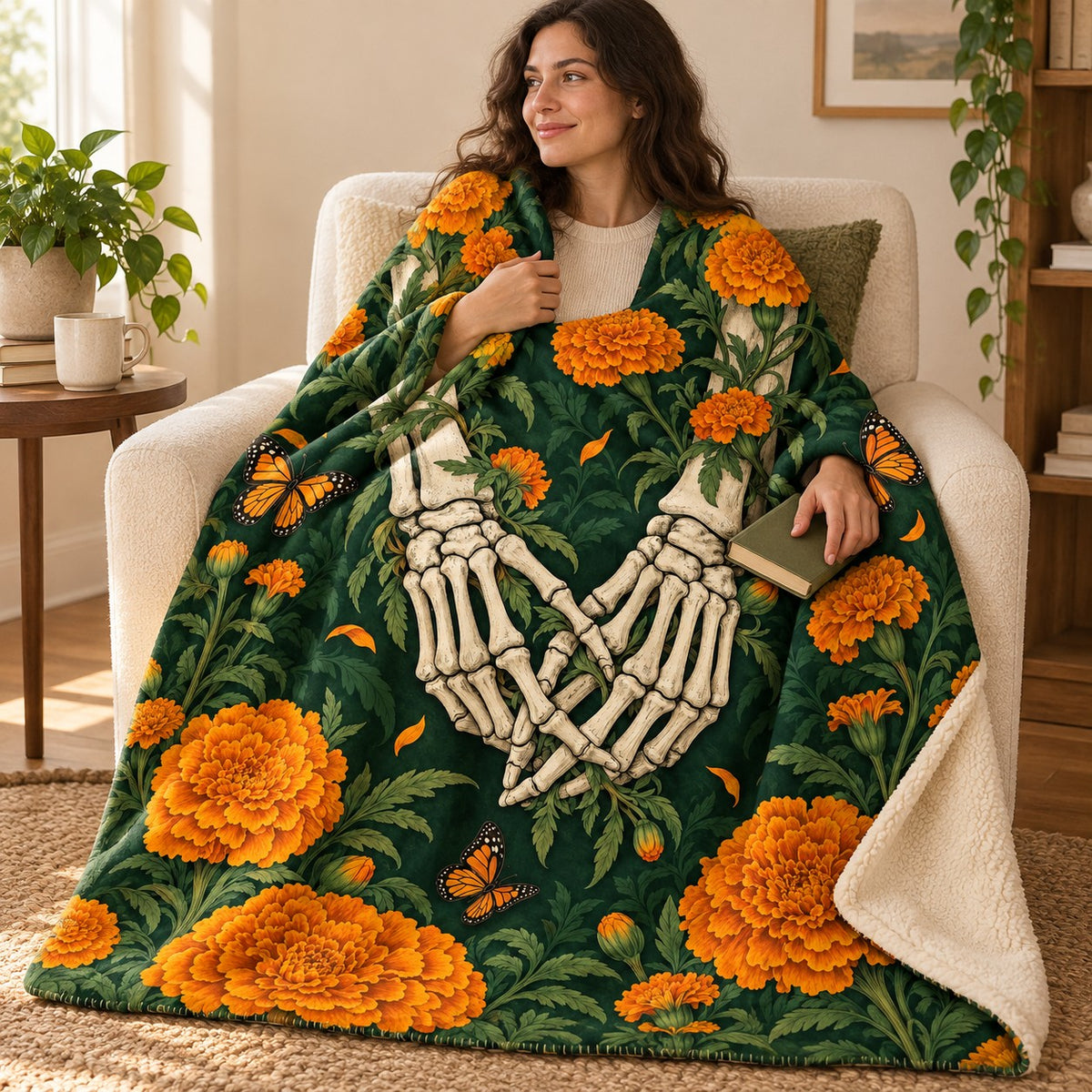 Hands Among Marigolds blanket, wrapped around a reader