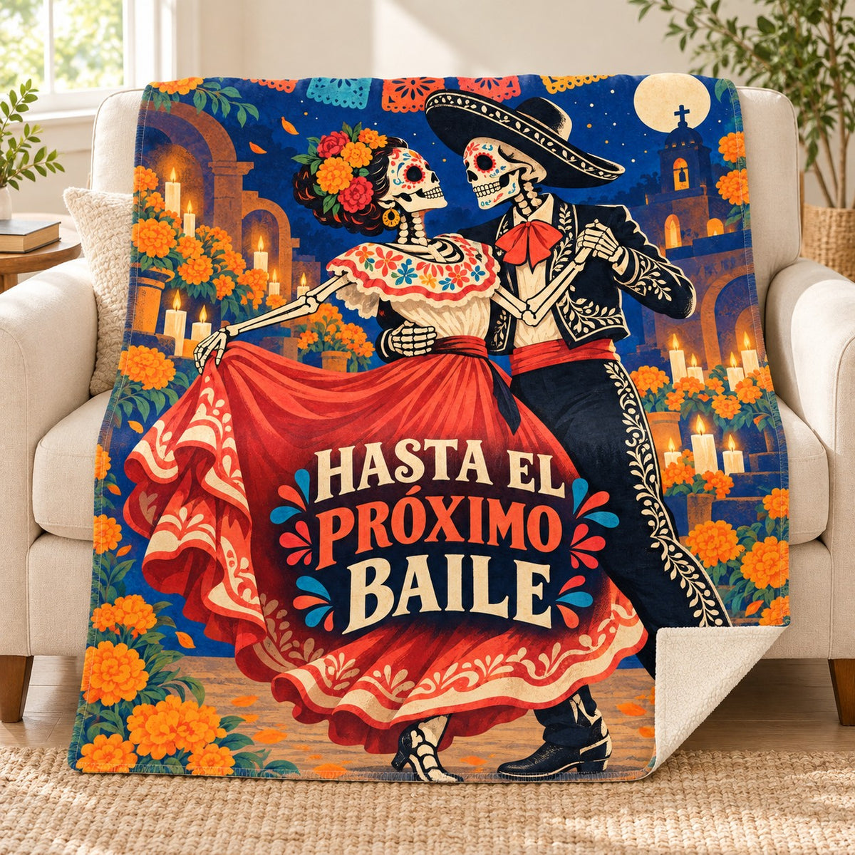 Hasta el Próximo Baile blanket, on a sofa