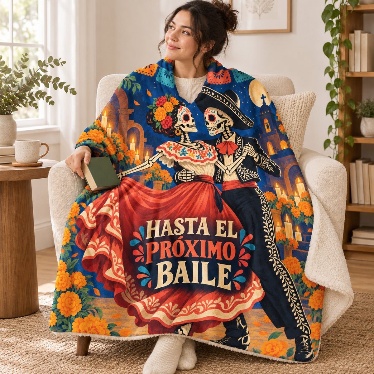 Hasta el Próximo Baile blanket, wrapped around a reader