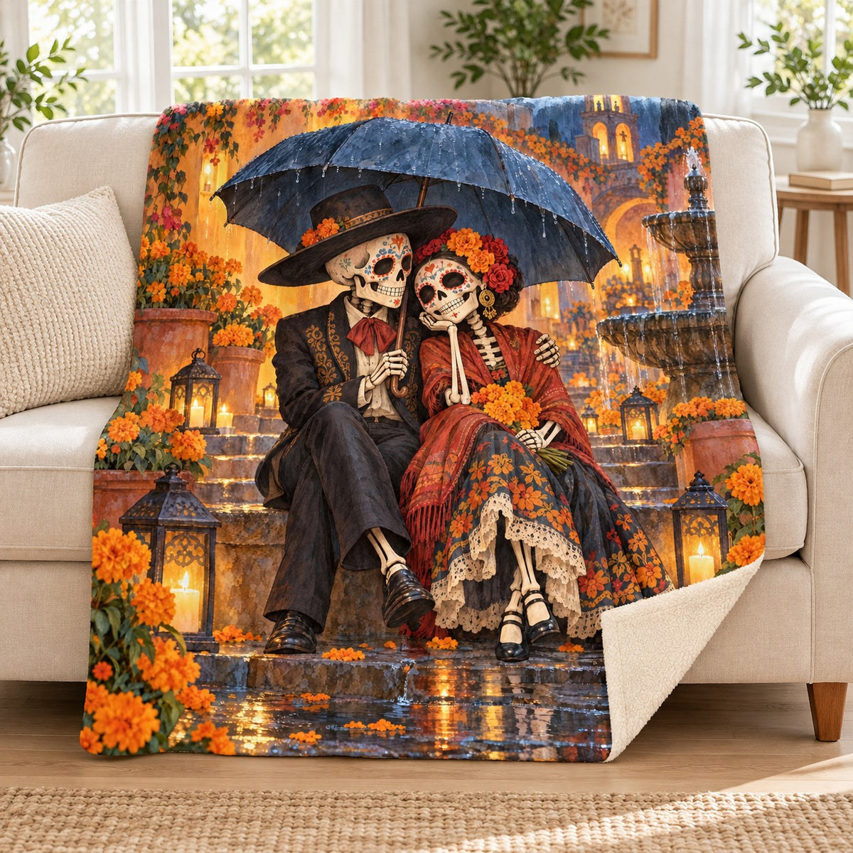 Umbrella in the Rain blanket, on a sofa