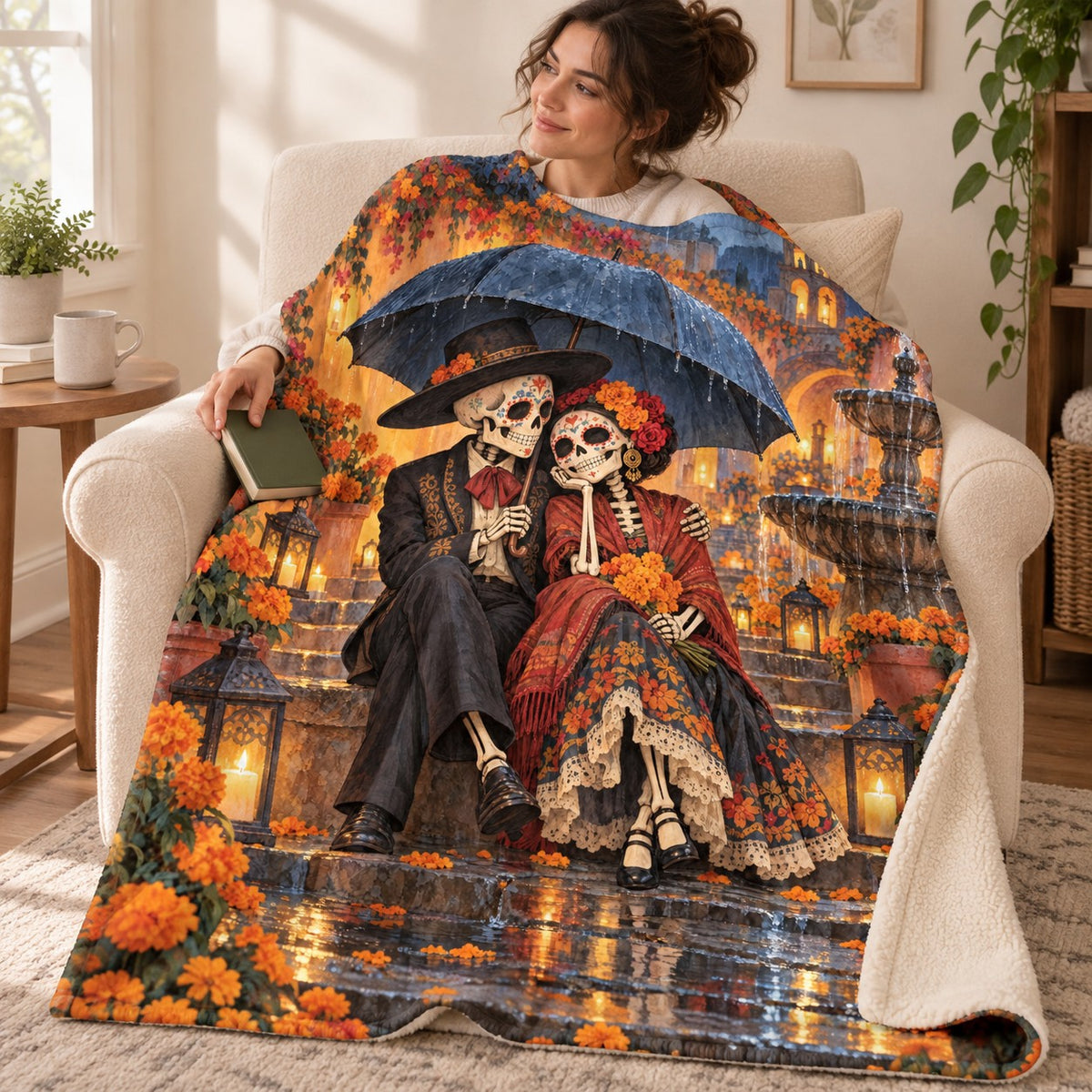 Umbrella in the Rain blanket, wrapped around a reader