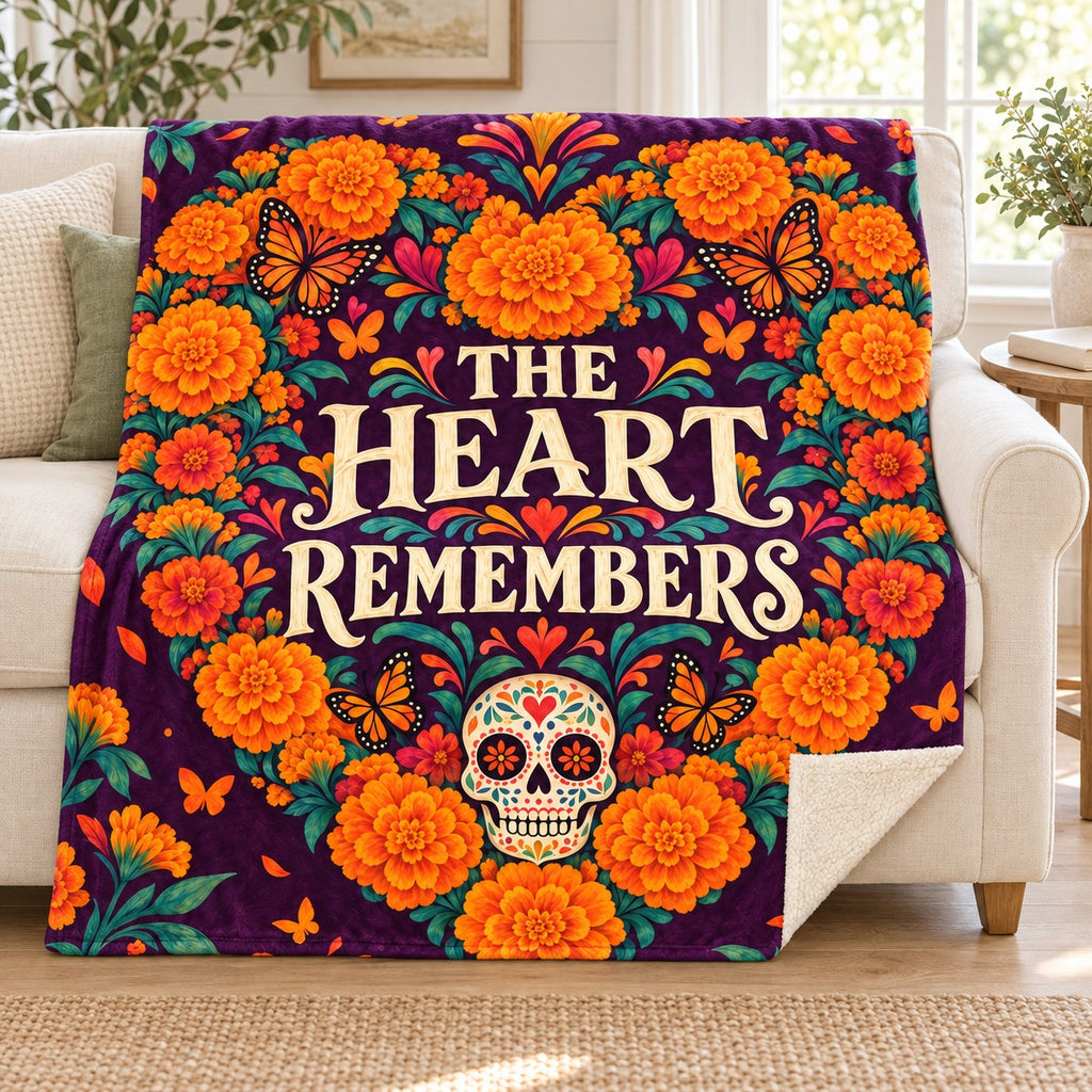The Heart Remembers blanket, on a sofa