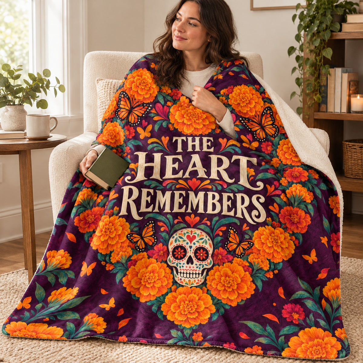 The Heart Remembers blanket, wrapped around a reader
