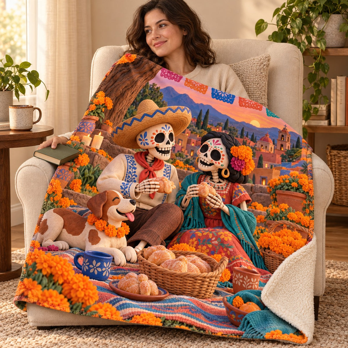Picnic Together blanket, wrapped around a reader