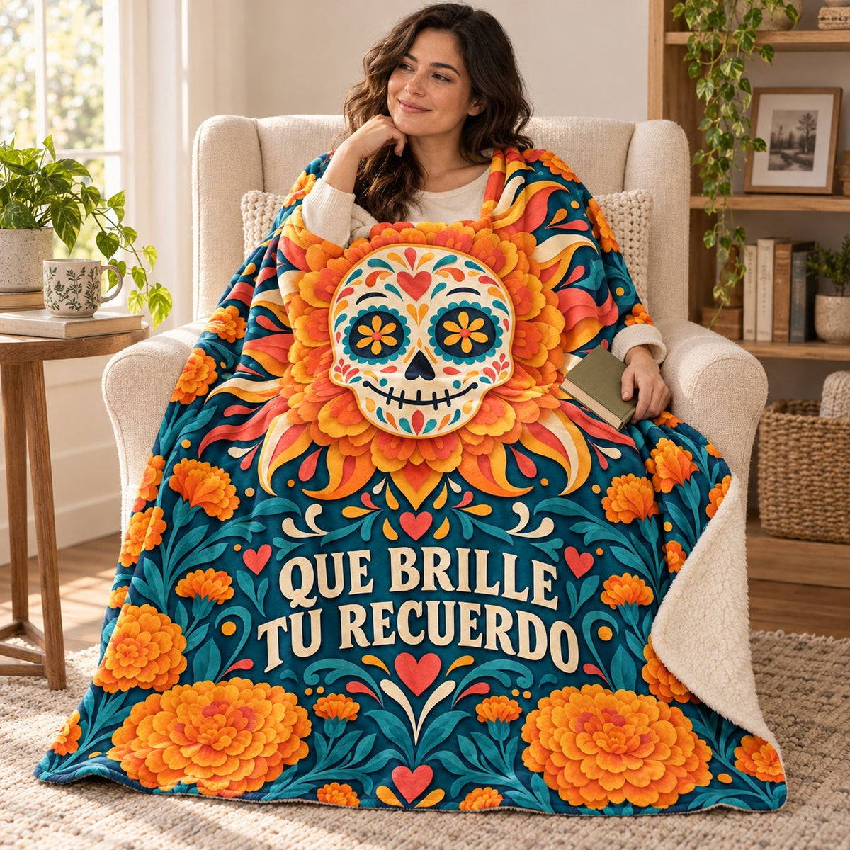 Que Brille Tu Recuerdo blanket, wrapped around a reader