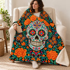 Beaded Calavera blanket, wrapped around a reader