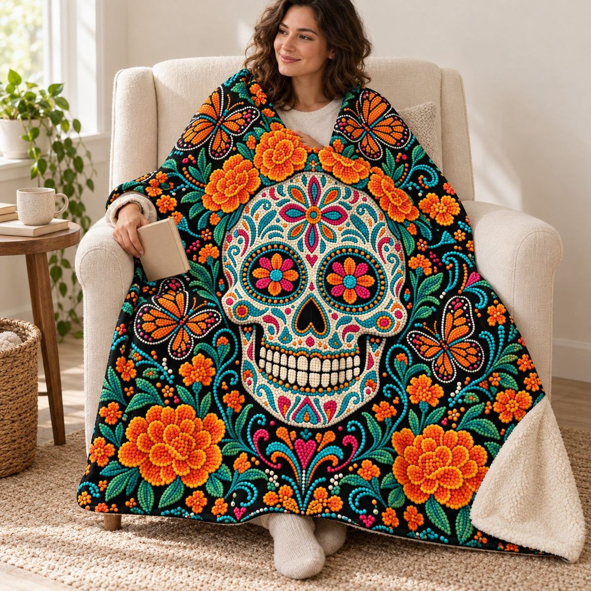 Beaded Calavera blanket, wrapped around a reader