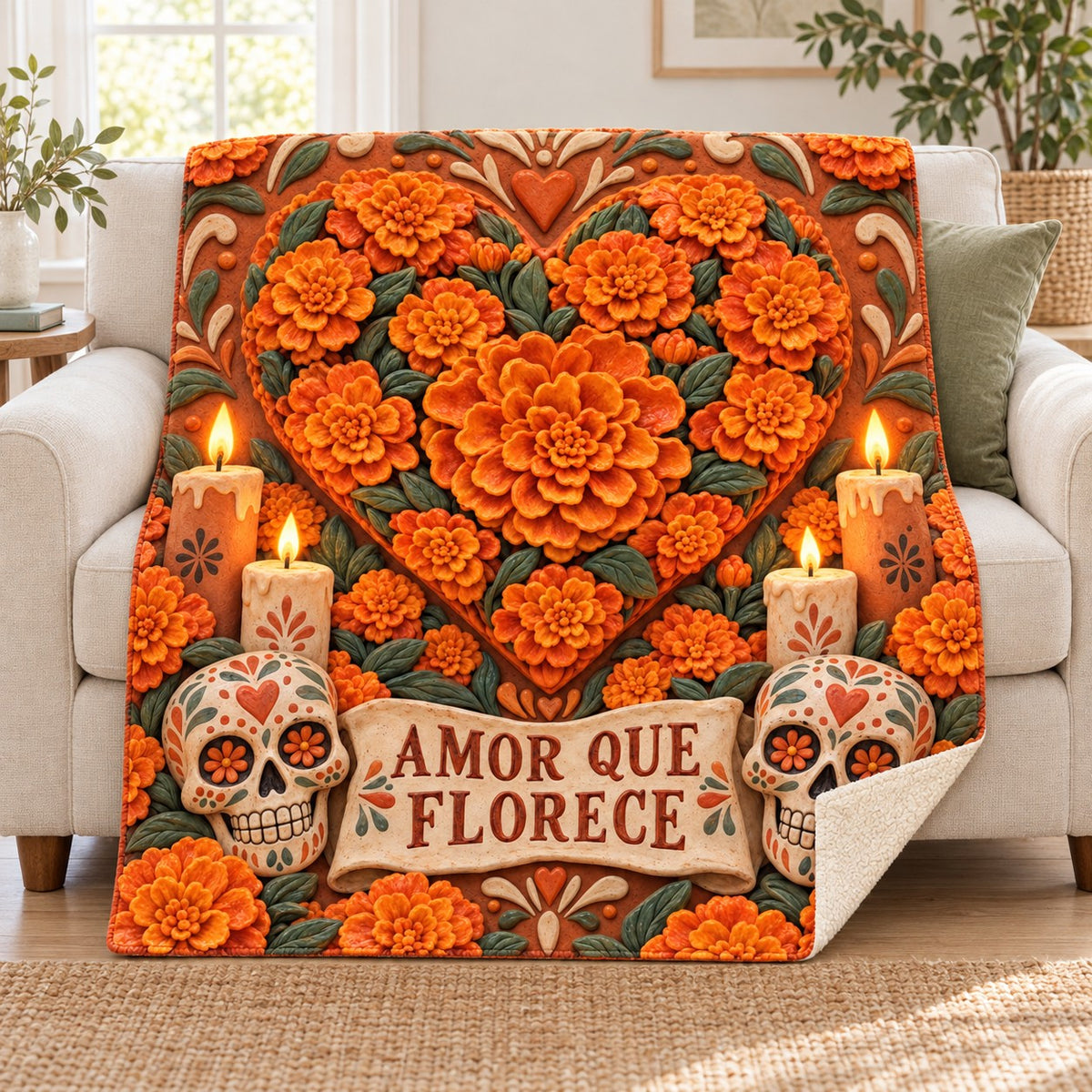 Amor que Florece blanket, on a sofa