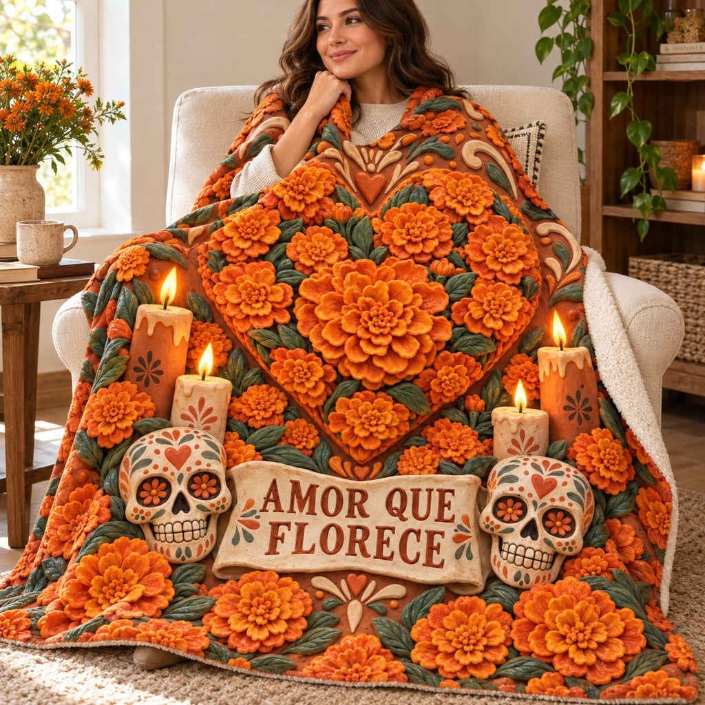 Amor que Florece blanket, wrapped around a reader