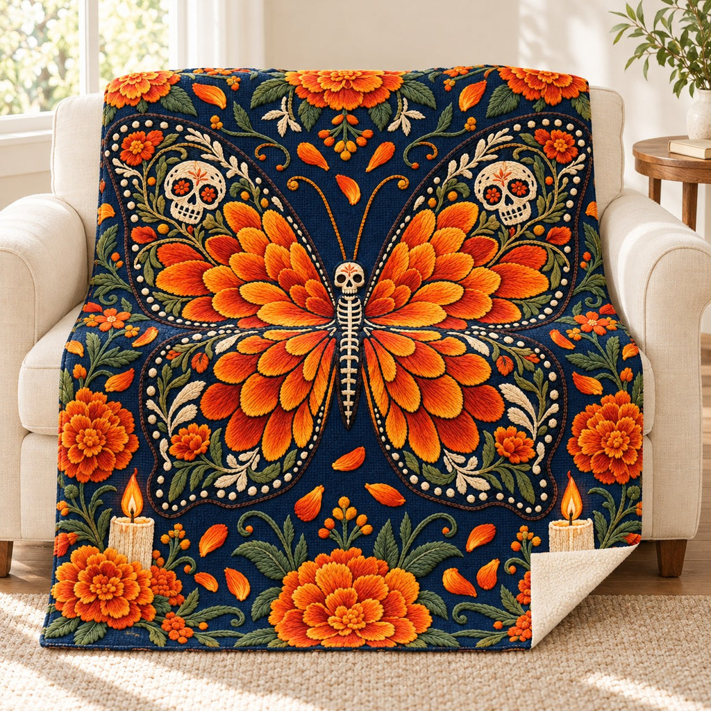 Marigold Butterfly blanket, on a sofa