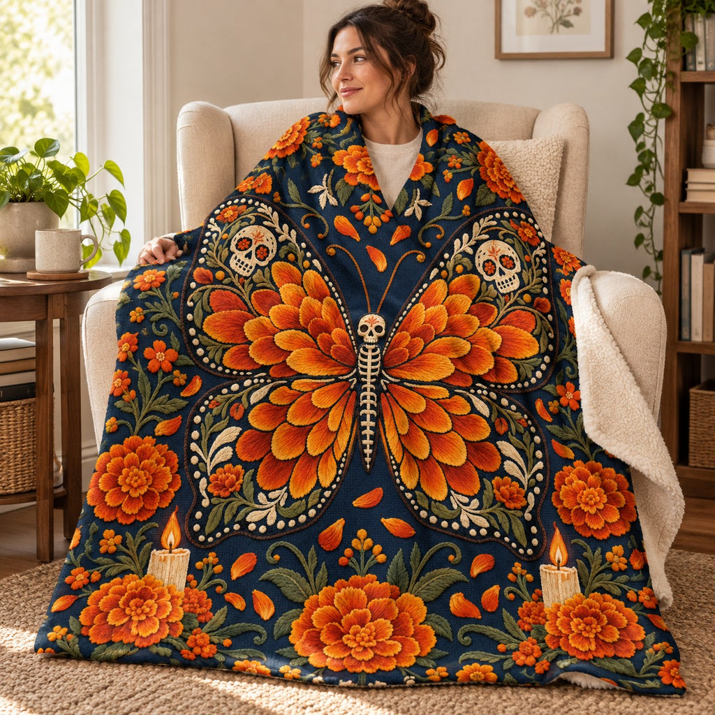 Marigold Butterfly blanket, wrapped around a reader