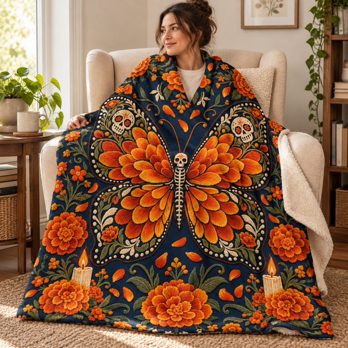 Marigold Butterfly blanket, wrapped around a reader