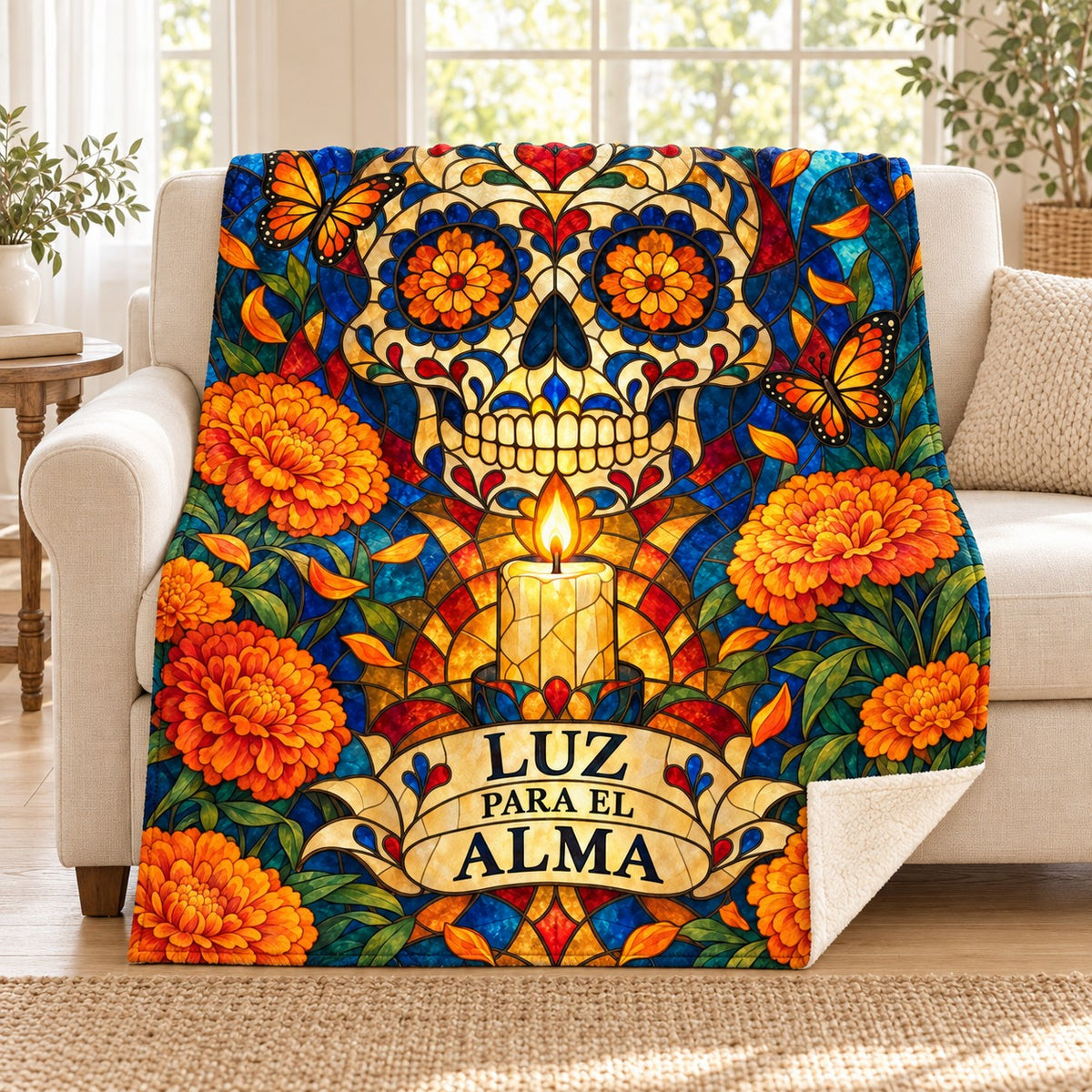 Luz para el Alma blanket, on a sofa