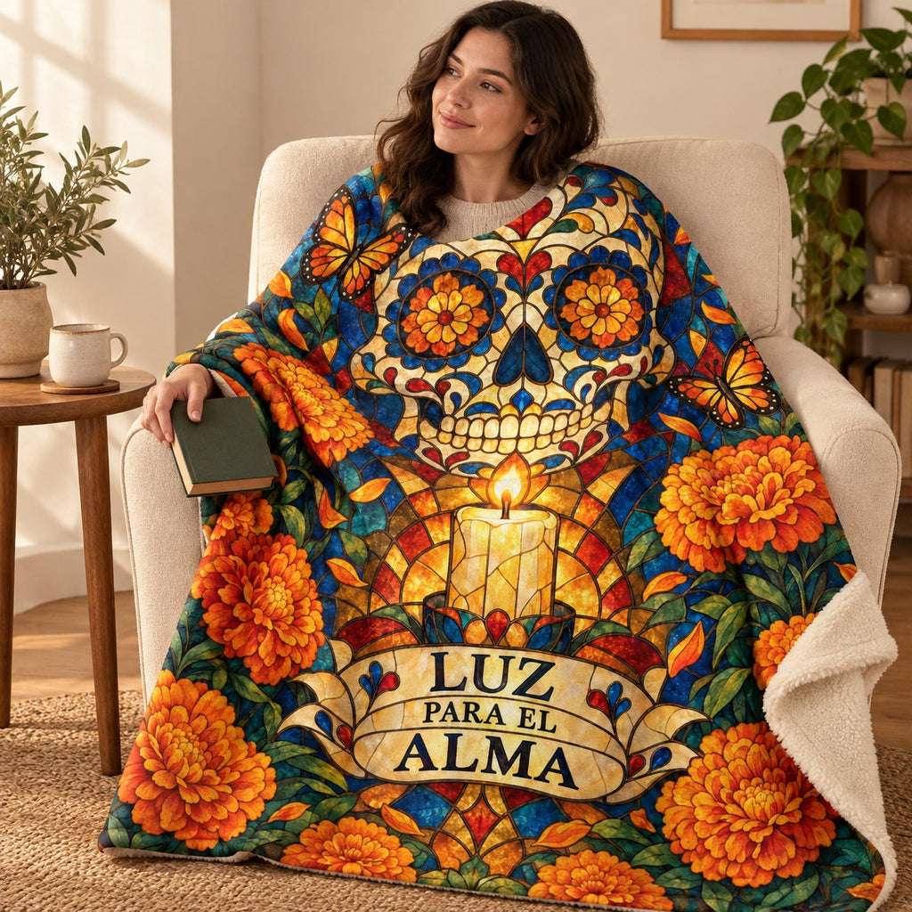 Luz para el Alma blanket, wrapped around a reader