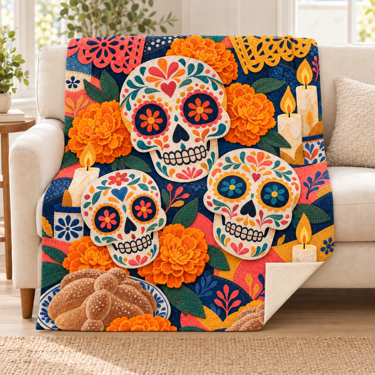 Three Calaveras blanket, on a sofa