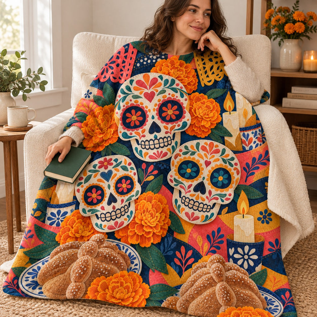 Three Calaveras blanket, wrapped around a reader