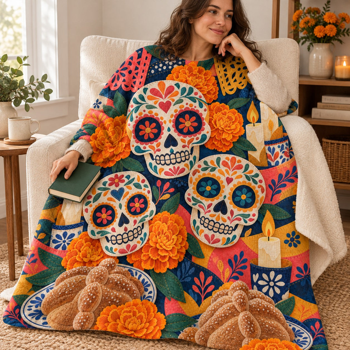 Three Calaveras blanket, wrapped around a reader