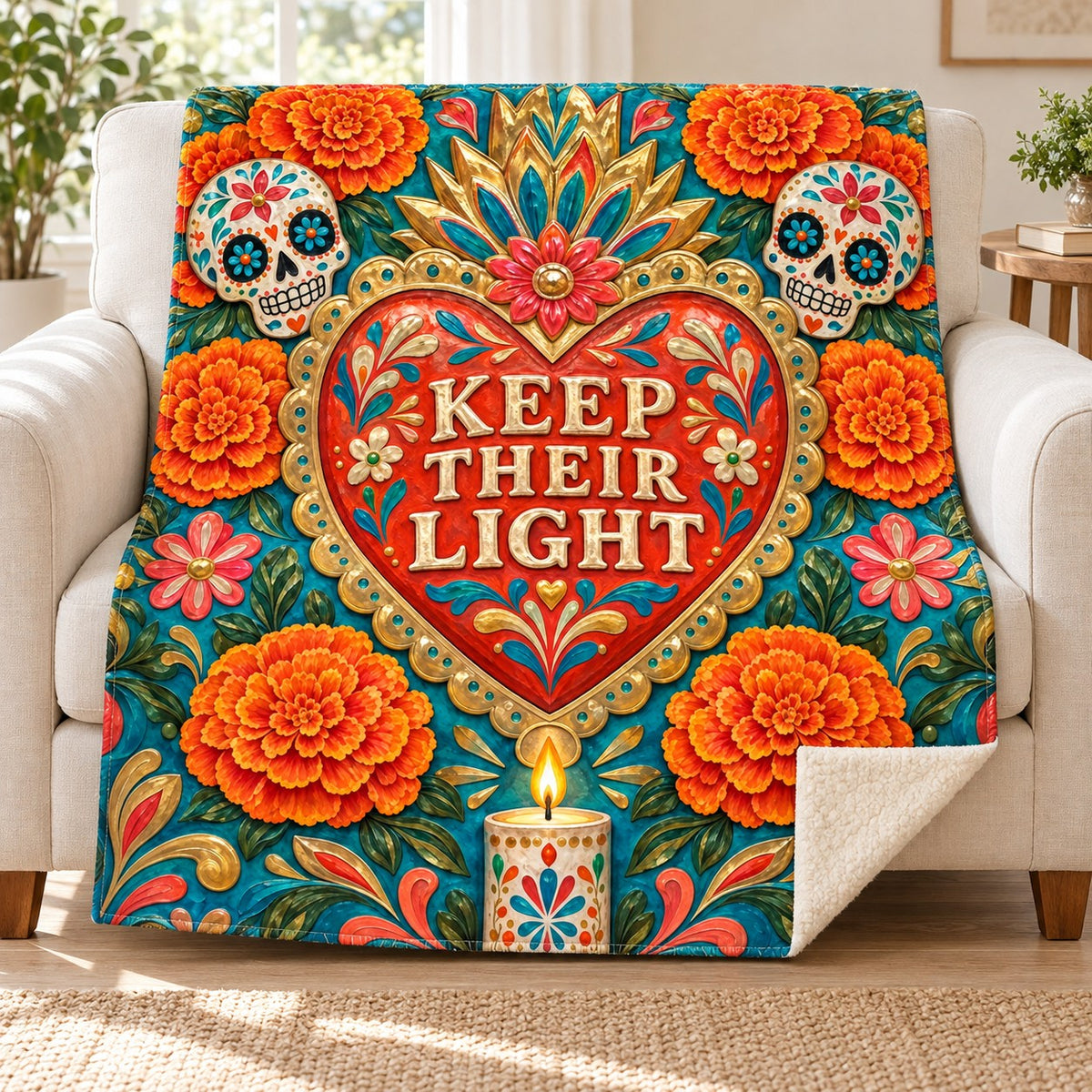 Keep Their Light blanket, on a sofa