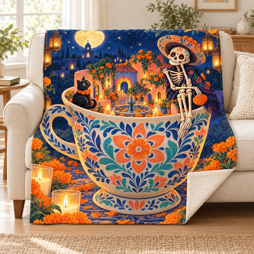 Teacup Plaza blanket, on a sofa