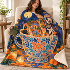 Teacup Plaza blanket, wrapped around a reader