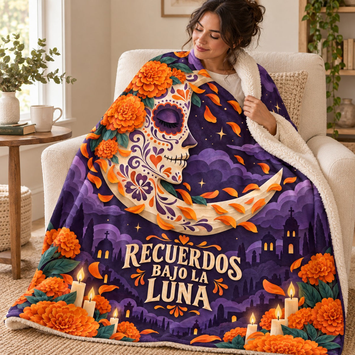 Recuerdos Bajo la Luna blanket, wrapped around a reader