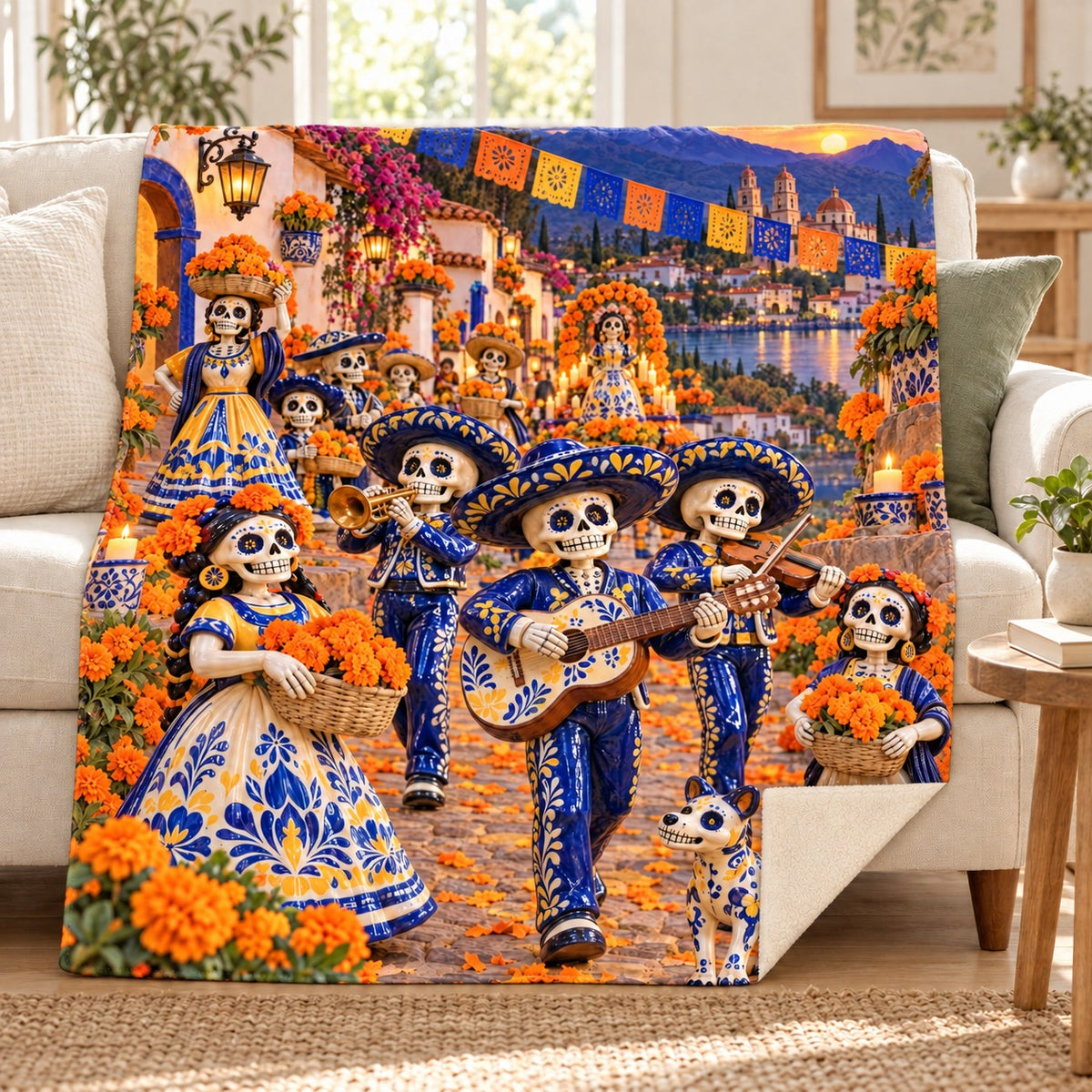 Talavera Parade blanket, on a sofa
