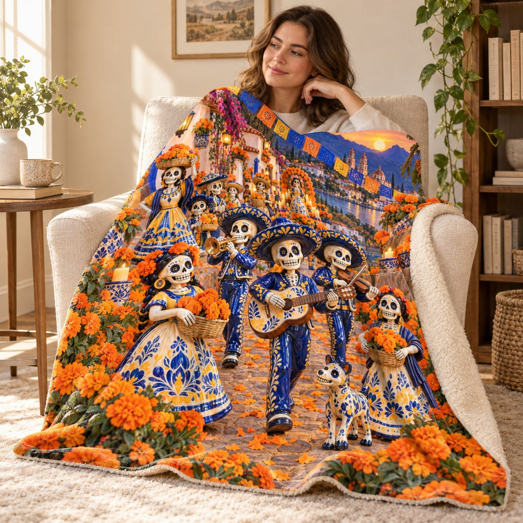 Talavera Parade blanket, wrapped around a reader