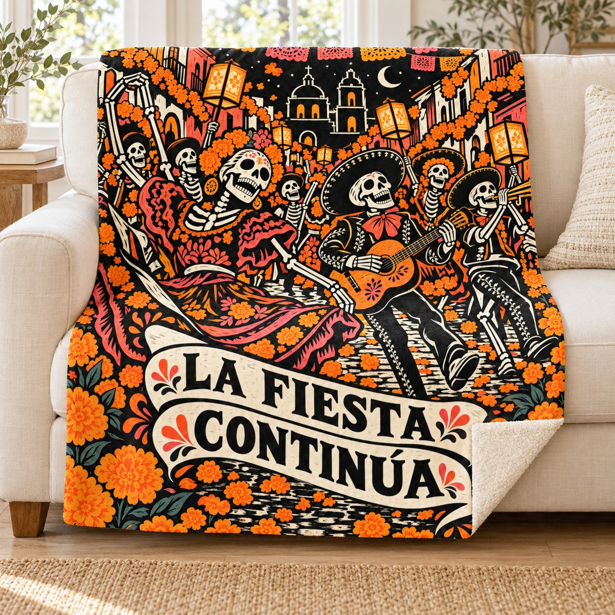La Fiesta Continúa blanket, on a sofa